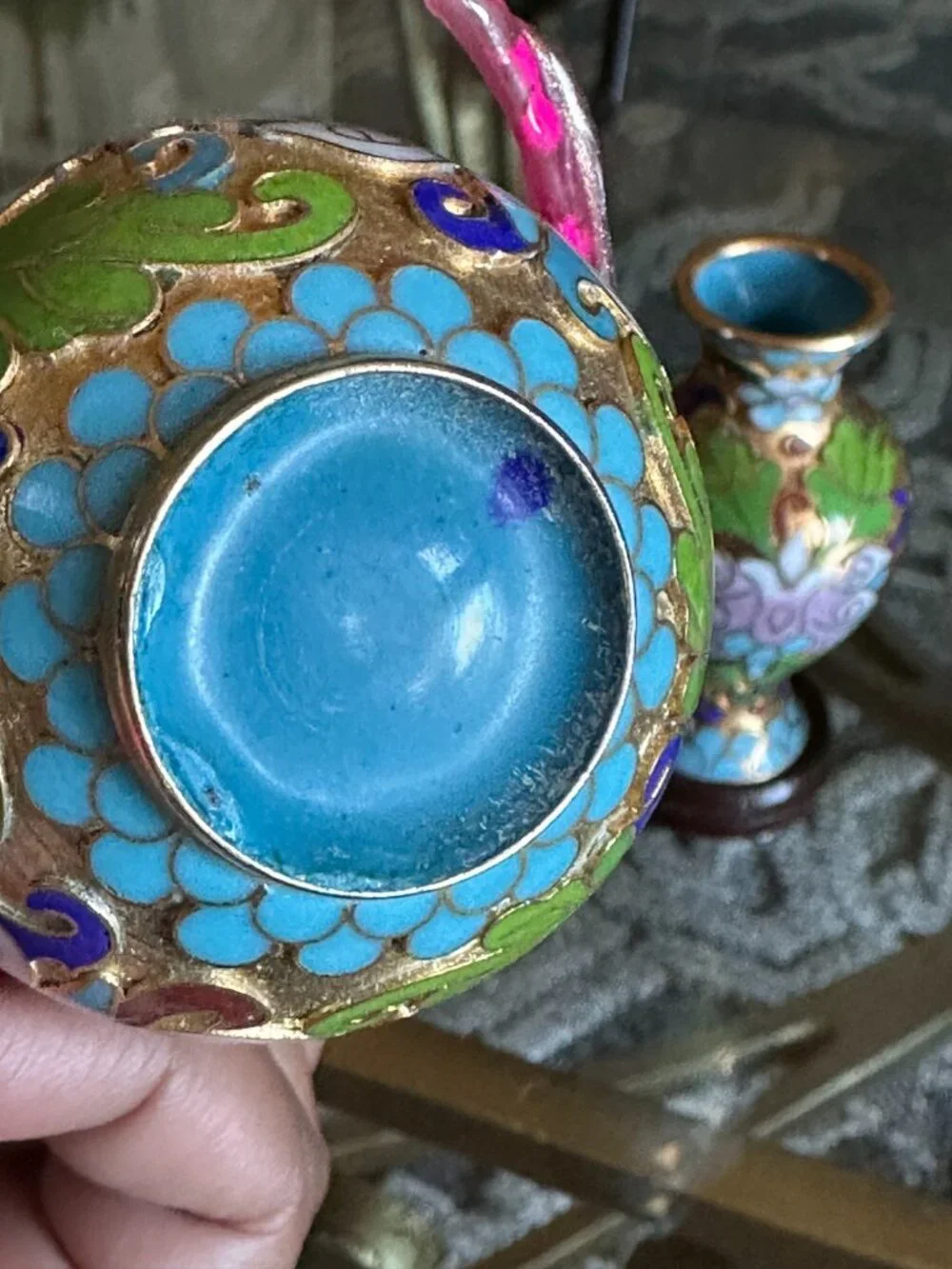 Vintage Chinese Cloisonné Mini Vase Set of 3 Floral Enamel Brass w/ Boxes & Wood